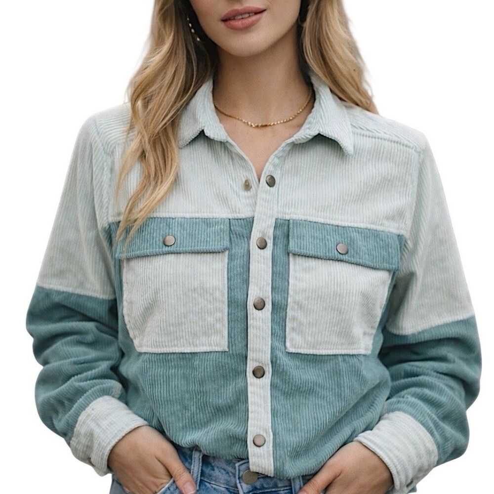 Colorblock Corduroy Shirt Jacket Womens L Teal White Snap Button Pockets Spring